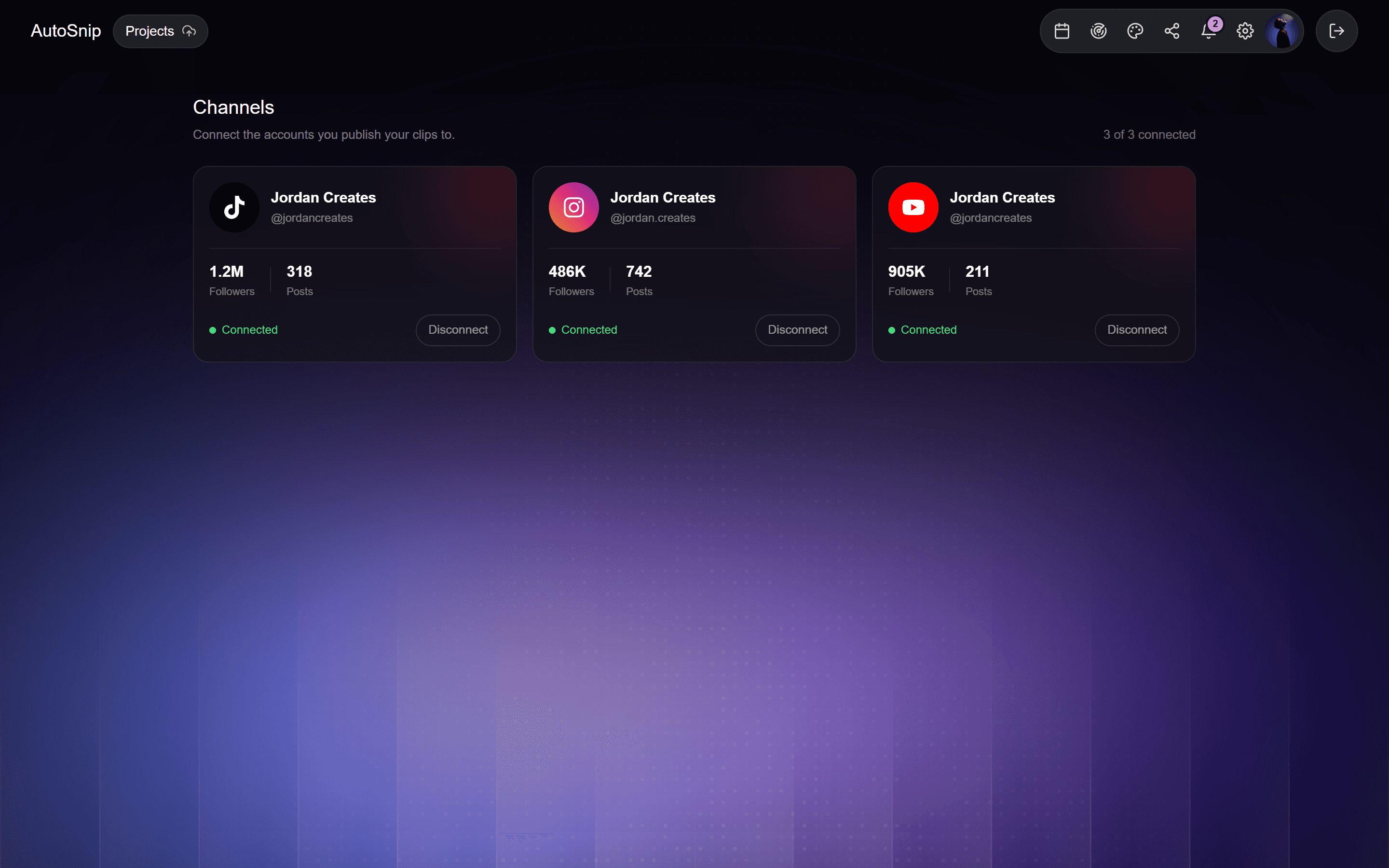 Connected social accounts in the Autosnip app