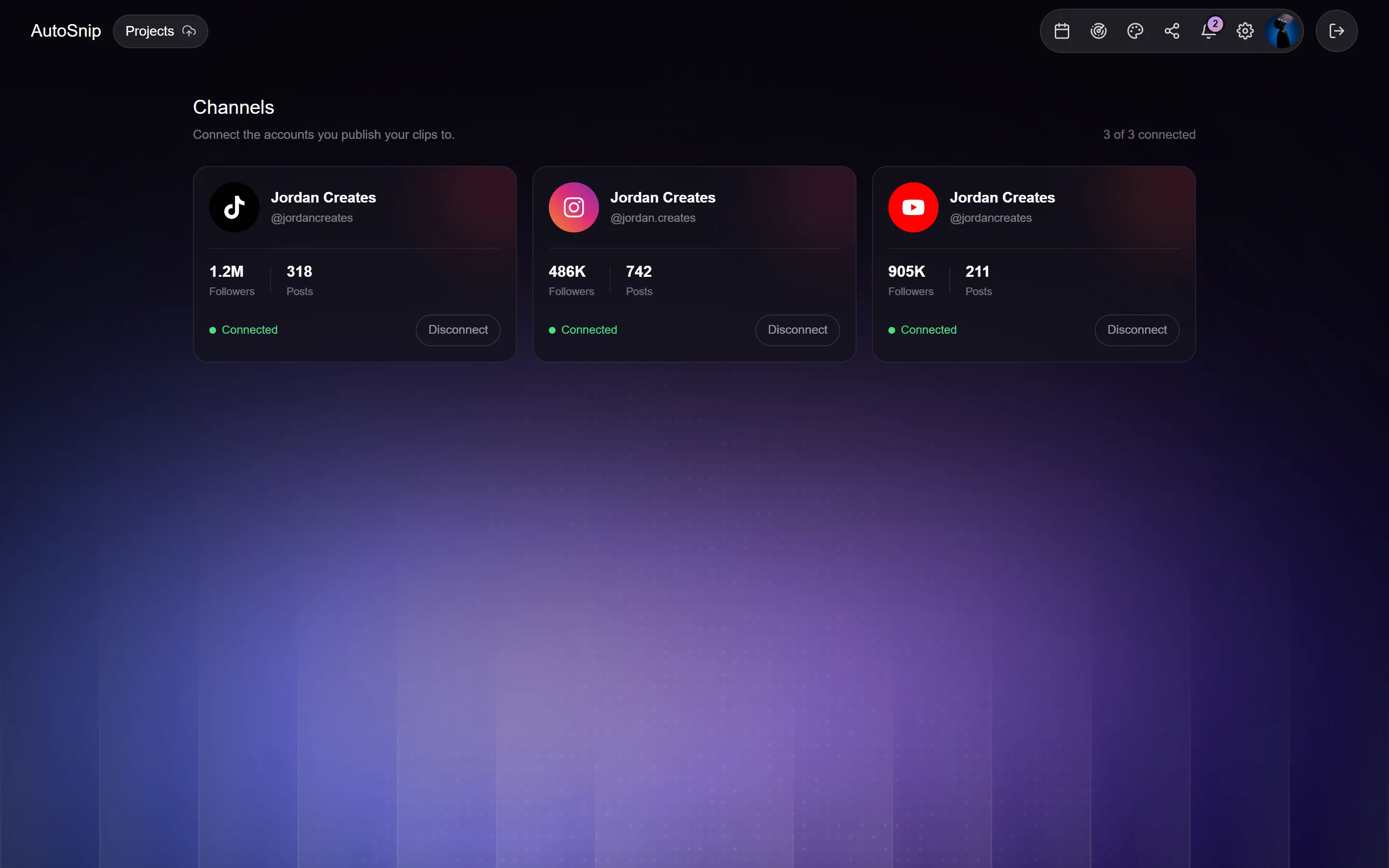 Connected social accounts in the Autosnip app